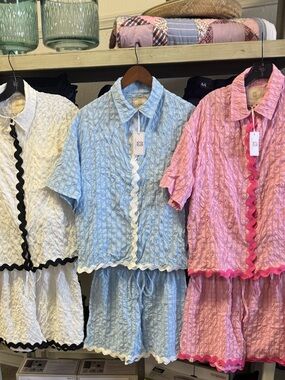 Simply Southern Seersucker Short Pajama Set in White, Blue, Pink